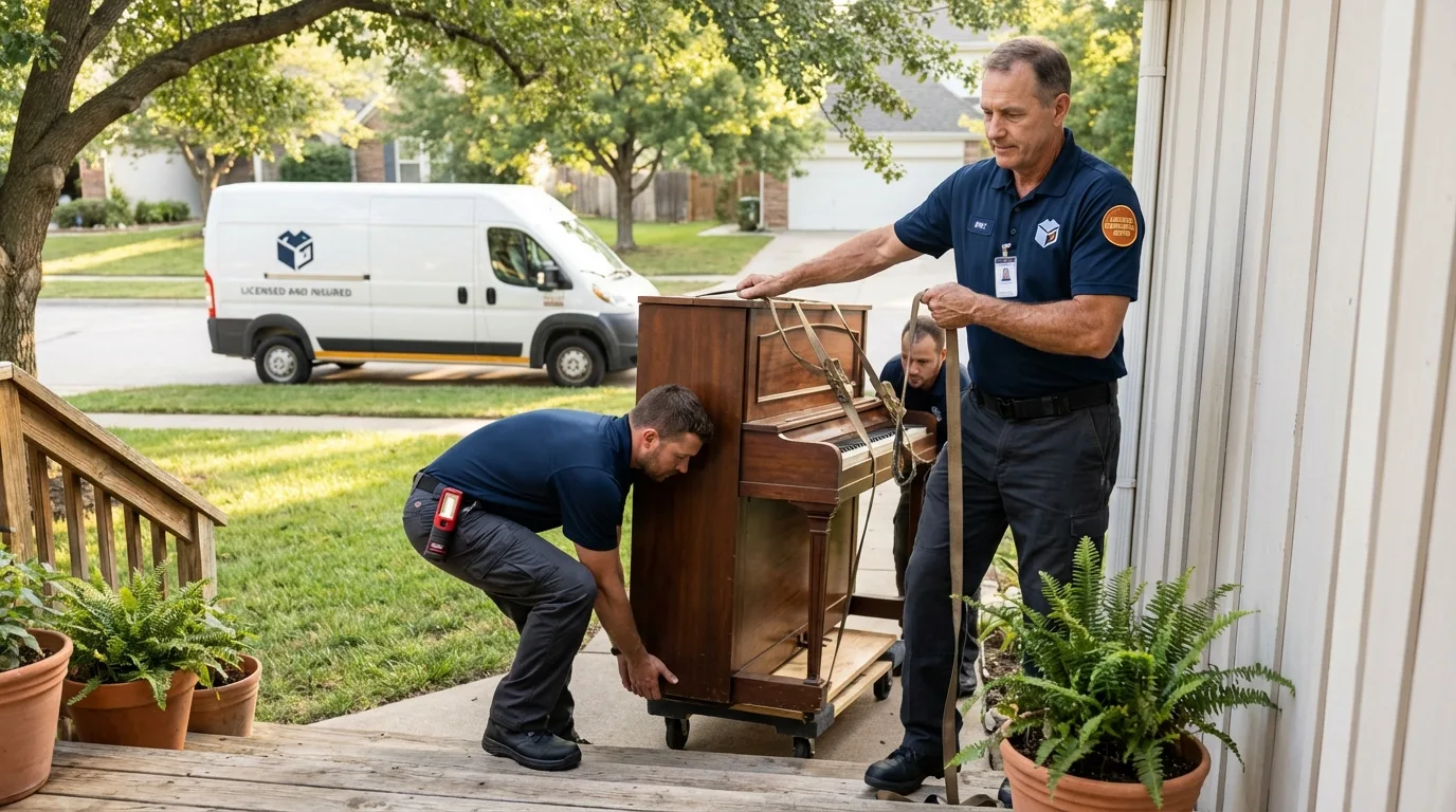 Licensed piano movers securing grand piano in Angola, IN