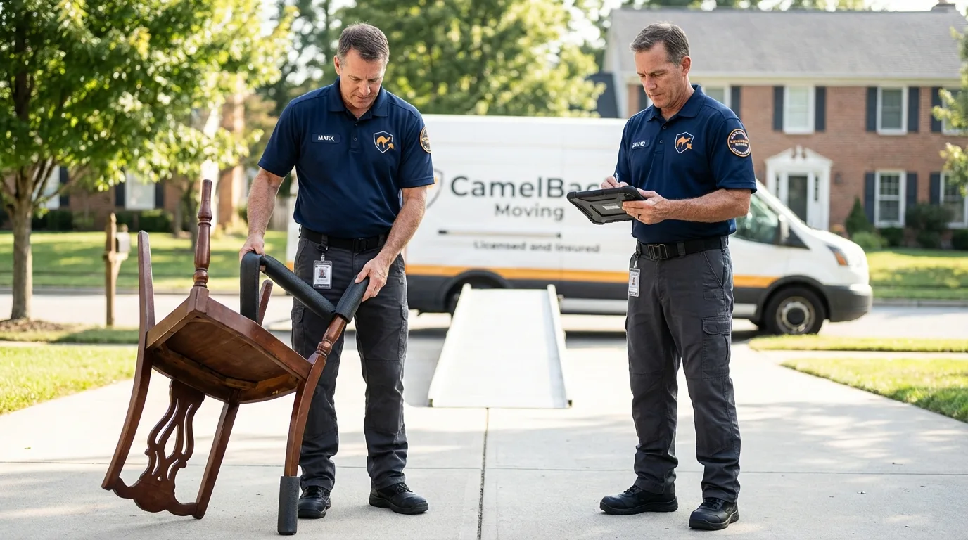 Movers inspecting furniture for damage prevention before loading in Angola, IN