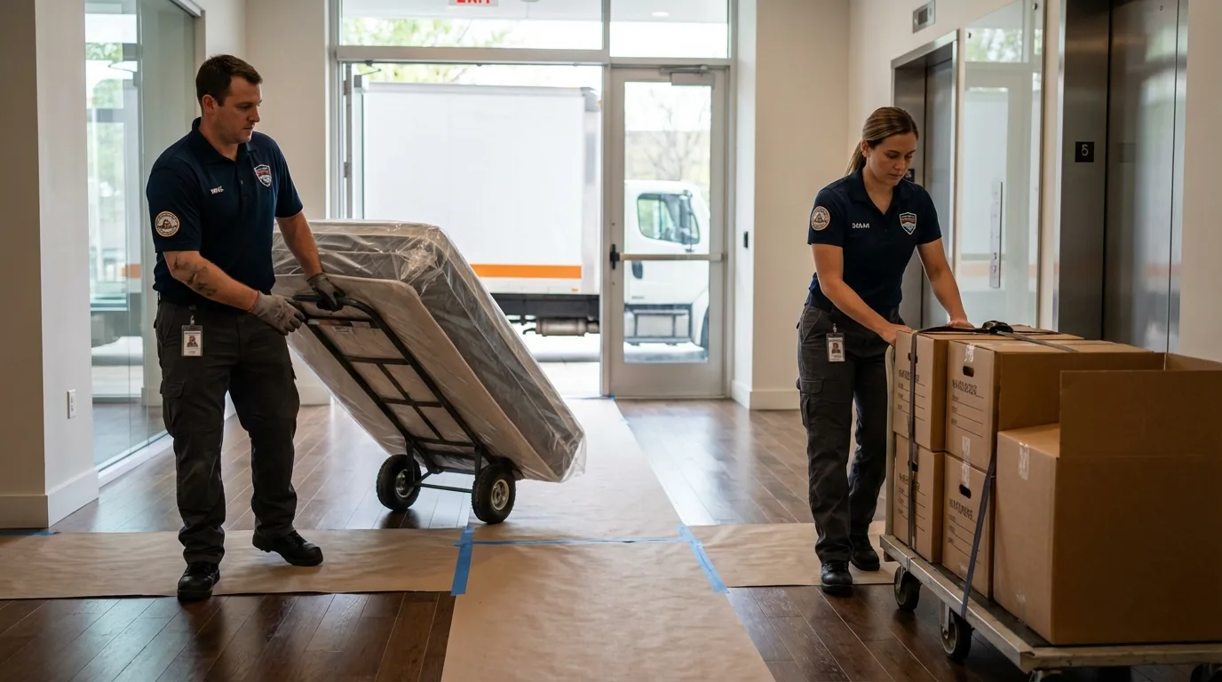 Professional apartment movers loading elevator in Angola, IN